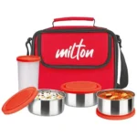Milton New Steel Combi Lunch Box - Stainless Steel Containers Plastic Tumbler With Jacket Red 4 pcs